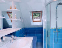 a glass with a blue tiled shower and sink